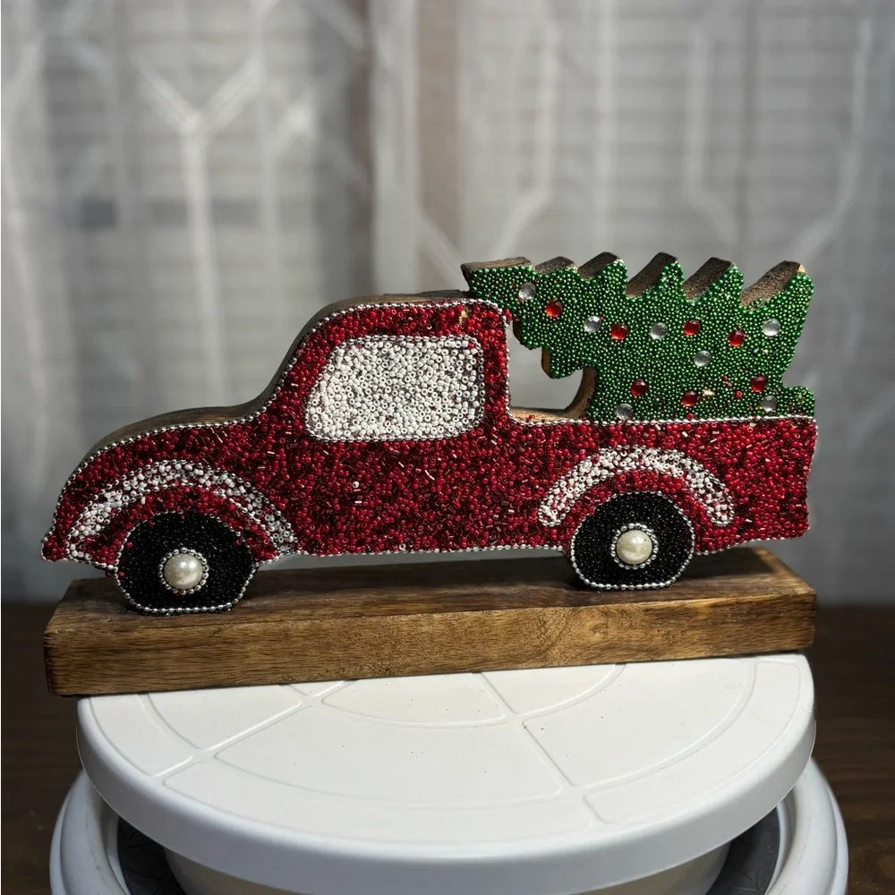 Festive Red Truck with Christmas Tree DecorHoliday Red Truck